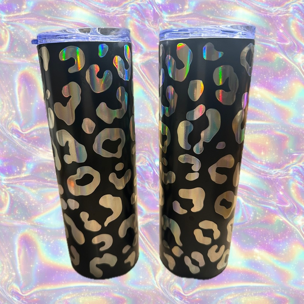 Iridescent Silver Black Leopard Print Tumbler Set NWT Cold or Hot Beverages 22.5 - Picture 1 of 5